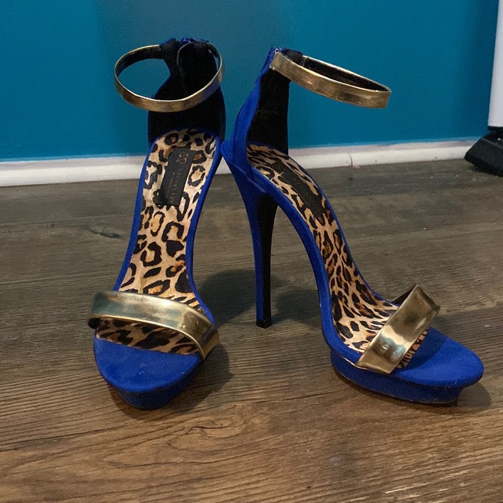 Blue and gold high heels